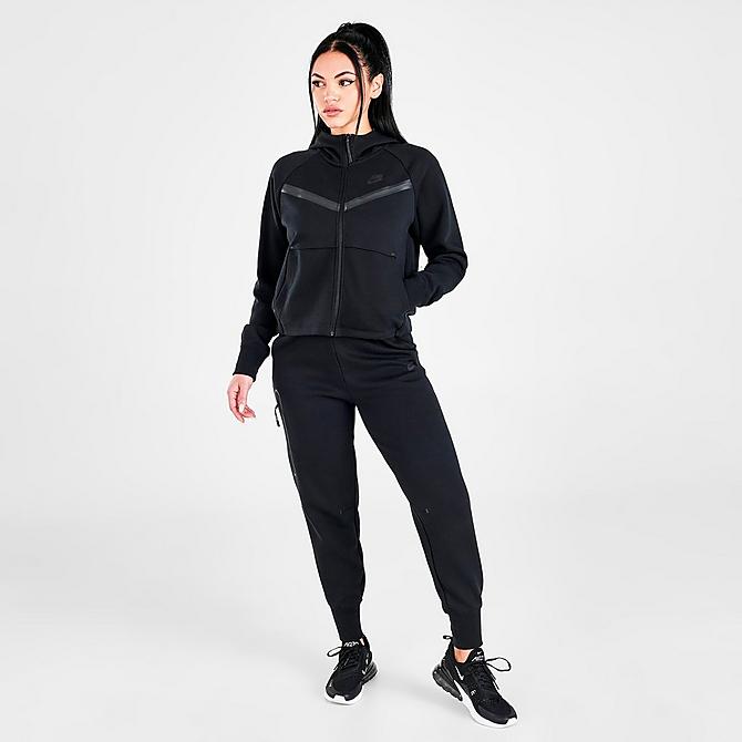 Front Three Quarter view of Women's Nike Sportswear Tech Fleece Windrunner Full-Zip Hoodie in Black/Black Click to zoom