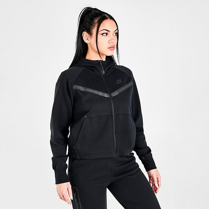 Back Left view of Women's Nike Sportswear Tech Fleece Windrunner Full-Zip Hoodie in Black/Black Click to zoom