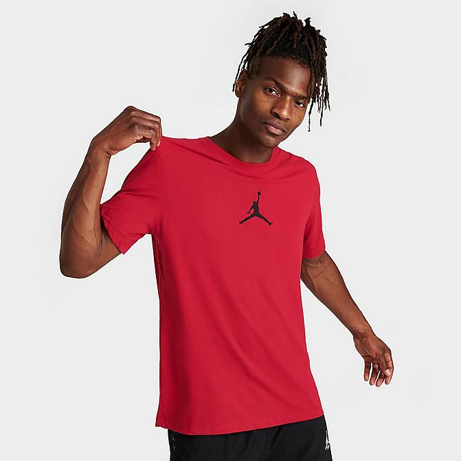Front view of Men's Jordan Jumpman Short-Sleeve Crew T-Shirt in Gym Red/Black Click to zoom