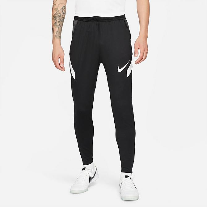 Front Three Quarter view of Men's Nike Dri-FIT Strike Soccer Pants in Black/Anthracite/White/White Click to zoom