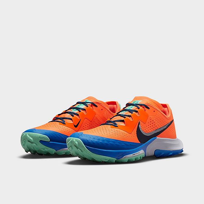 Three Quarter view of Men's Nike Air Zoom Terra Kiger 7 Trail Running Shoes in Total Orange/Signal Blue/Wolf Grey/Obsidian Click to zoom