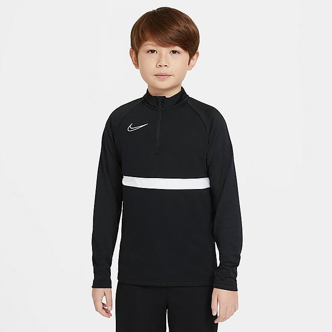 Front view of Kids' Nike Dri-FIT Academy Soccer Drill Top in Black/White/White/White Click to zoom
