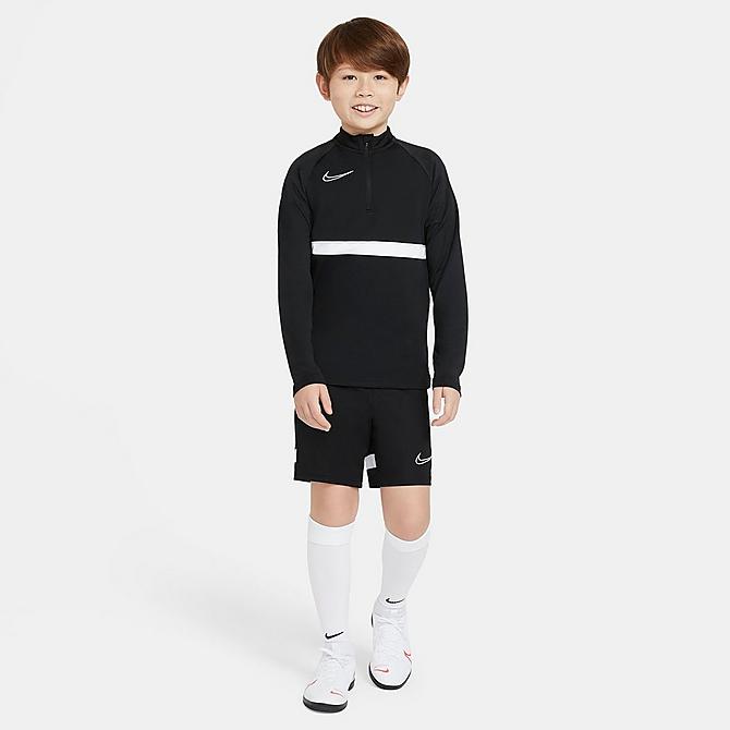 Back Left view of Kids' Nike Dri-FIT Academy Soccer Drill Top in Black/White/White/White Click to zoom
