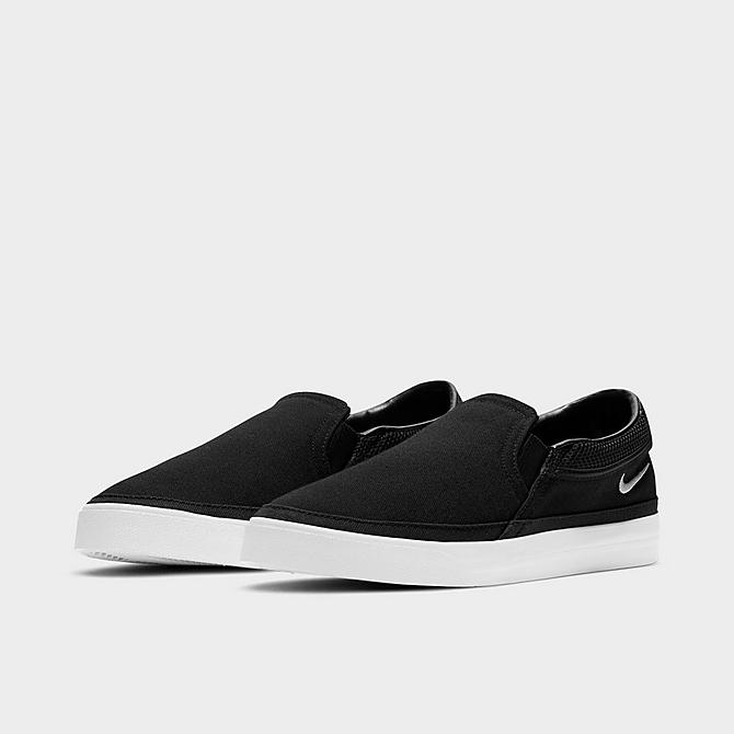 Three Quarter view of Women's Nike Court Legacy Slip-On Casual Shoes in Black/White/Platinum Tint Click to zoom