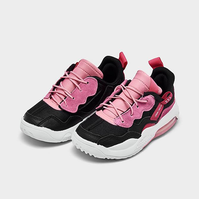 Three Quarter view of Little Kids' Jordan MA2 Casual Shoes in Black/Pinksicle/Rush Pink/Coral Chalk Click to zoom