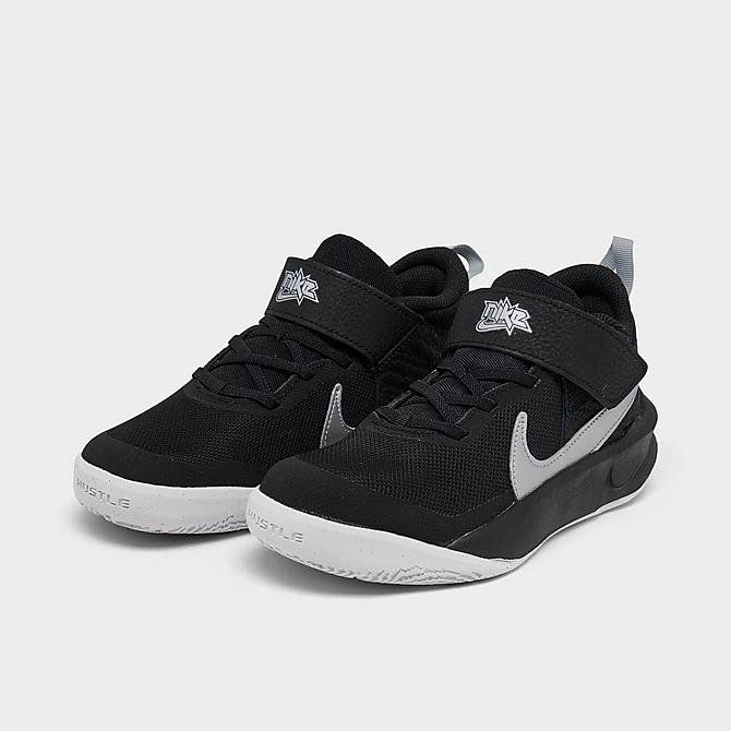Three Quarter view of Little Kids' Nike Team Hustle D 10 Basketball Shoes in Black/Metallic Silver-Volt-White Click to zoom