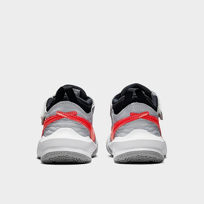 Left view of Little Kids' Nike Team Hustle D 10 Basketball Shoes in Light Smoke Grey/Bright Crimson/Dark Obsidian Click to zoom