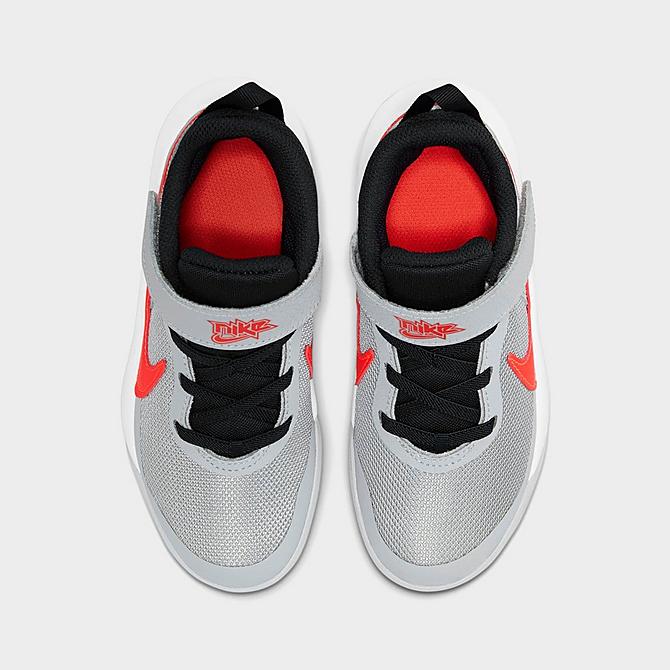 Back view of Little Kids' Nike Team Hustle D 10 Basketball Shoes in Light Smoke Grey/Bright Crimson/Dark Obsidian Click to zoom