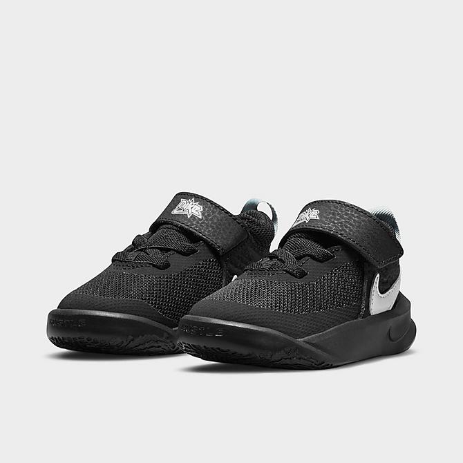 Three Quarter view of Kids' Toddler Nike Team Hustle D 10 Basketball Shoes in Black/Metallic Silver-Volt-White Click to zoom