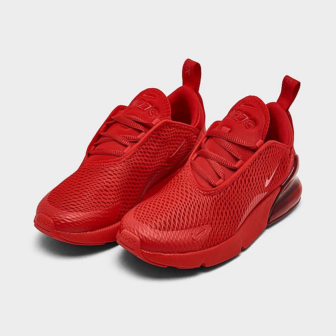 Three Quarter view of Little Kids' Nike Air Max 270 Casual Shoes in University Red/University Red/Black Click to zoom