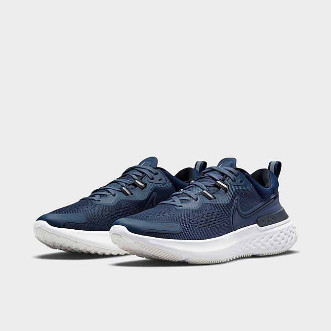 Three Quarter view of Men's Nike React Miler 2 Running Shoes in Thunder Blue/Black/Obsidian Click to zoom