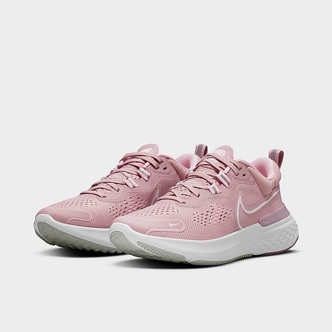 Three Quarter view of Women's Nike React Miler 2 Running Shoes in Plum Chalk/Pink Foam/White Click to zoom