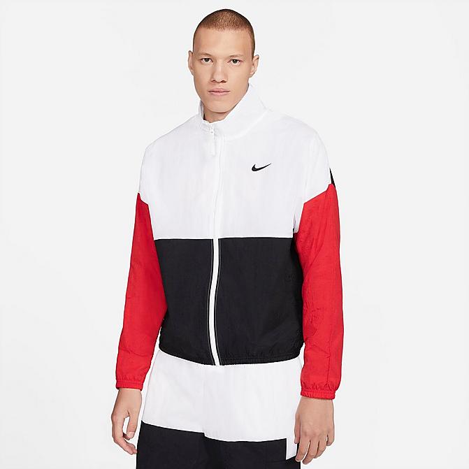 Front view of Men's Nike Basketball Jacket in White/Black/University Red/Black Click to zoom