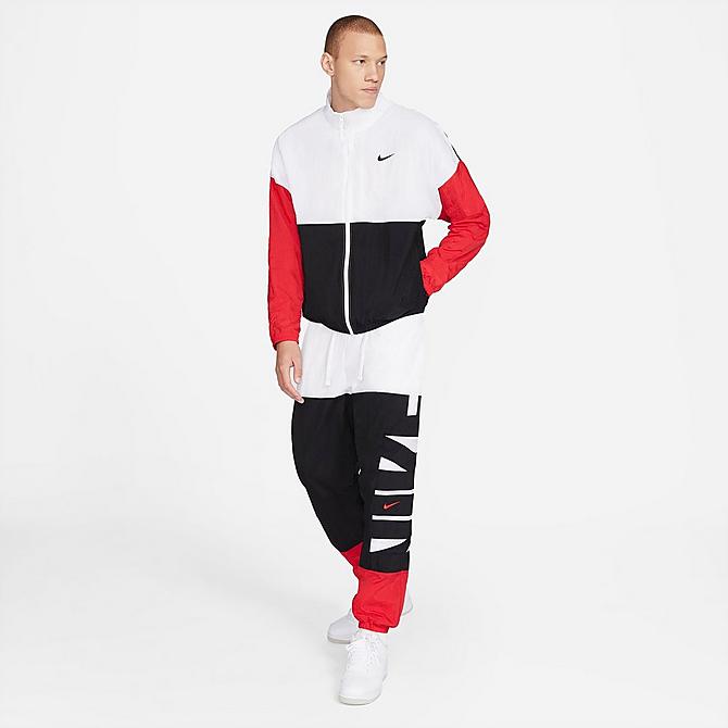 Front Three Quarter view of Men's Nike Basketball Jacket in White/Black/University Red/Black Click to zoom