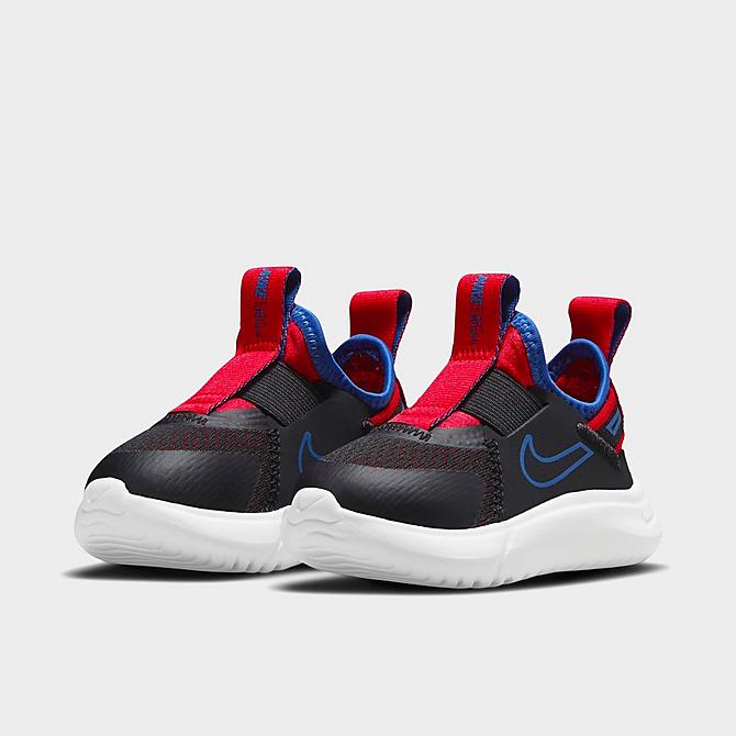 Three Quarter view of Kids' Toddler Nike Flex Plus Running Shoes in Black/Game Royal-University Red-White Click to zoom