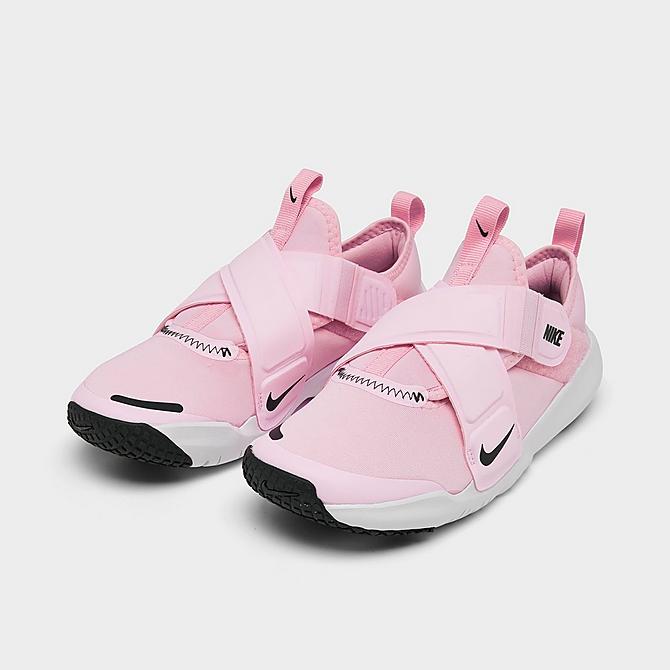 Three Quarter view of Girls' Little Kids' Nike Flex Advance Running Shoes in Pink Foam/Dark Smoke Grey-Fuchsia Glow Click to zoom