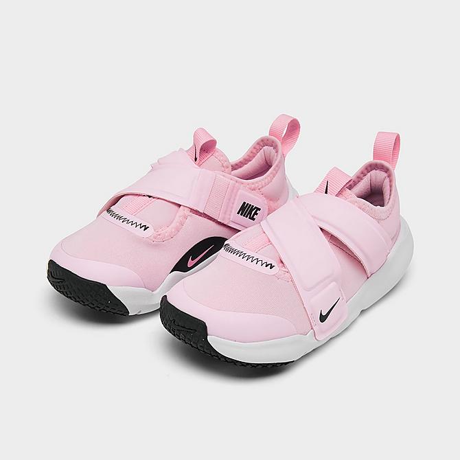Three Quarter view of Girls' Toddler Nike Flex Advance Running Shoes in Pink Foam/Dark Smoke Grey-Fuchsia Glow Click to zoom