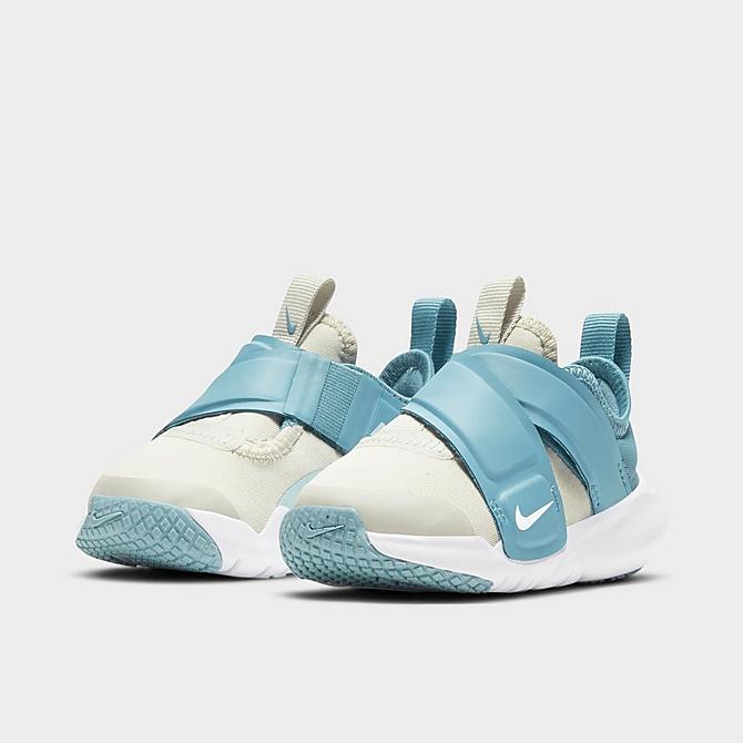 Three Quarter view of Kids' Toddler Nike Flex Advance Running Shoes in Light Bone/Glacier Blue-Cerulean Click to zoom