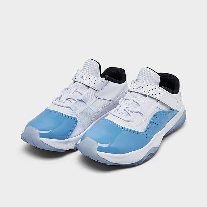 Three Quarter view of Boys' Little Kids' Air Jordan 11 CMFT Low Casual Shoes in White/University Blue/Black Click to zoom