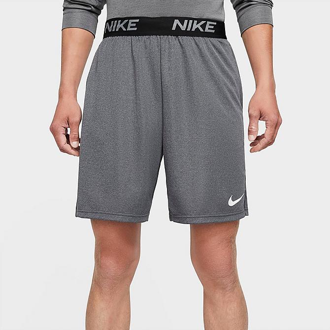 Front Three Quarter view of Men's Nike Dri-FIT Veneer Shorts in Black/Smoke Grey Heather/White Click to zoom