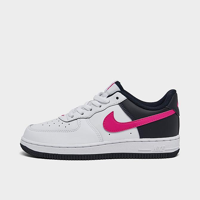Right view of Girls' Little Kids Nike Force 1 Casual Shoes in White/Dark Obsidian/Fierce Pink Click to zoom