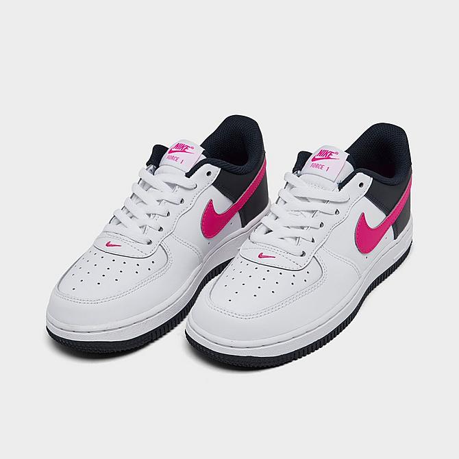 Three Quarter view of Girls' Little Kids Nike Force 1 Casual Shoes in White/Dark Obsidian/Fierce Pink Click to zoom