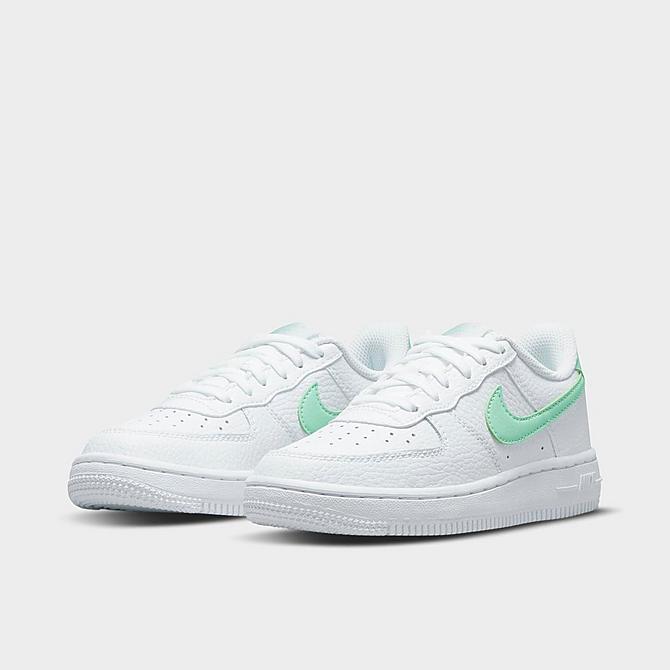 Three Quarter view of Little Kids' Nike Air Force 1 Casual Shoes in White/Mint Foam Click to zoom
