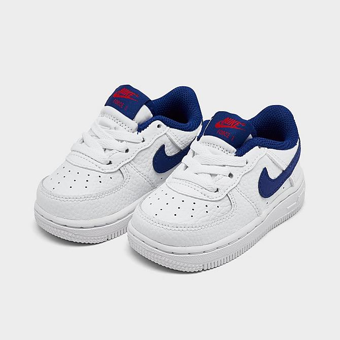 Three Quarter view of Kids' Toddler Nike Air Force 1 Casual Shoes in White/Deep Royal Blue-University Red Click to zoom