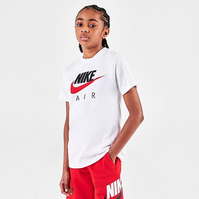 Back Left view of Boys' Nike Air T-Shirt in White/University Red Click to zoom