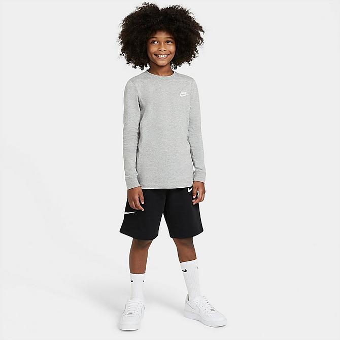 Front Three Quarter view of Boys' Nike Sportswear Camo Futura Long-Sleeve T-Shirt in Dark Grey Heather/White Click to zoom