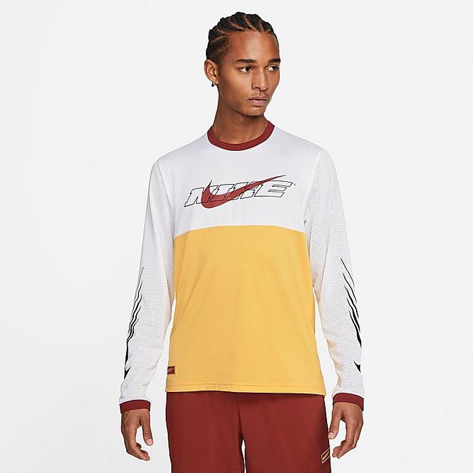 Front view of Men's Nike Sport Clash Long-Sleeve T-Shirt in Solar Flare/White/Dark Cayenne Click to zoom