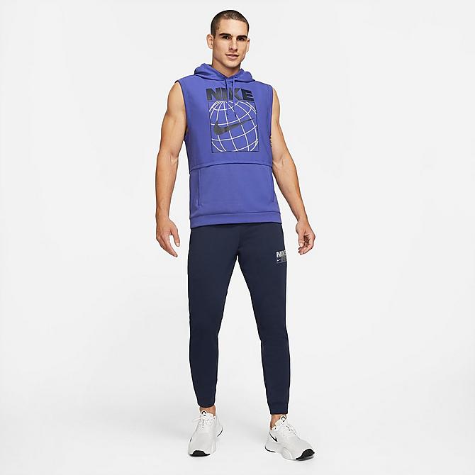 Front Three Quarter view of Men's Nike Dri-FIT Graphic Sleeveless Training Hoodie in Lapis/Lapis/Obsidian Click to zoom