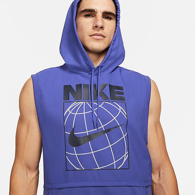 Back Right view of Men's Nike Dri-FIT Graphic Sleeveless Training Hoodie in Lapis/Lapis/Obsidian Click to zoom