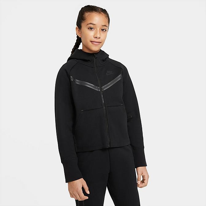 Front view of Girls' Nike Sportswear Tech Fleece Full-Zip Hoodie in Black/White Click to zoom