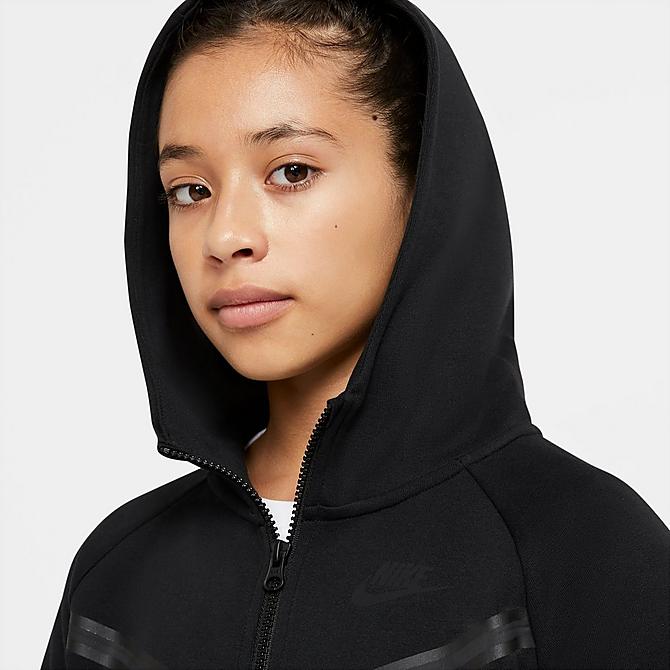 On Model 5 view of Girls' Nike Sportswear Tech Fleece Full-Zip Hoodie in Black/White Click to zoom