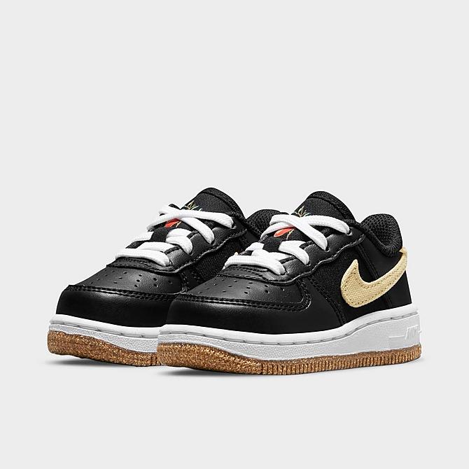 Three Quarter view of Kids' Toddler Nike Air Force 1 LV8 Casual Shoes in Black/Solar Flare/White/Black Click to zoom