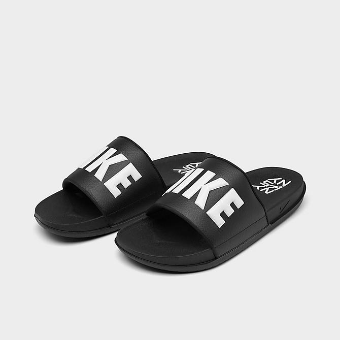 Three Quarter view of Men's Nike OffCourt NY vs. NY Slide Sandals in Black/White Click to zoom