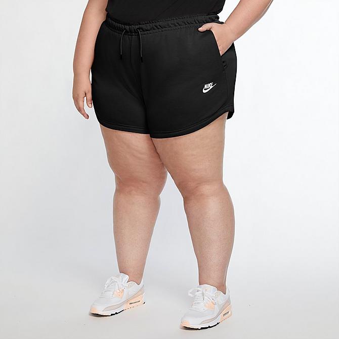 Front Three Quarter view of Women's Nike Sportswear Essential French Terry Shorts (Plus Size) in Black/White Click to zoom