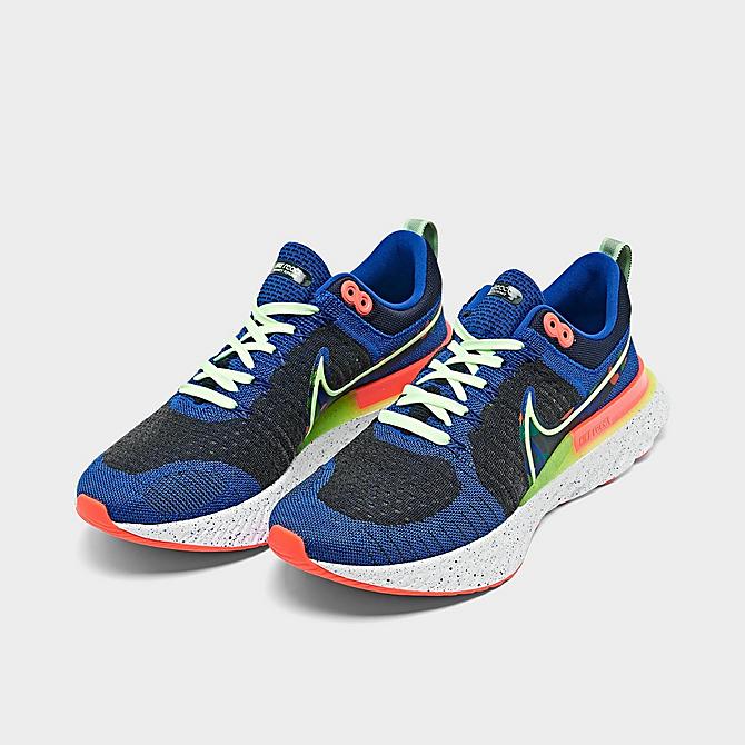 Three Quarter view of Nike React Infinity Run Flyknit 2 A.I.R. Kelly Anna London Running Shoes in Obsidian/Bright Crimson/Racer Blue Click to zoom
