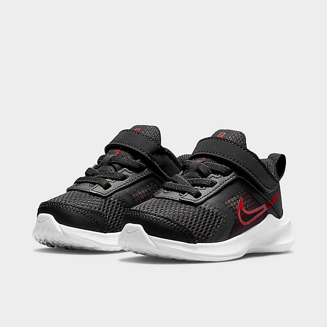 Three Quarter view of Boys' Toddler Nike Downshifter 11 Hook-and-Loop Casual Shoes in Black/University Red/Dark Smoke Grey/White Click to zoom
