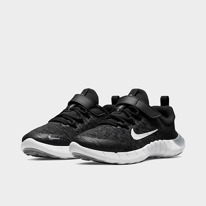 Three Quarter view of Boys' Little Kids' Nike Free Run 5.0 2021 Running Shoes in Black/White/Dark Smoke Grey/Light Smoke Grey Click to zoom