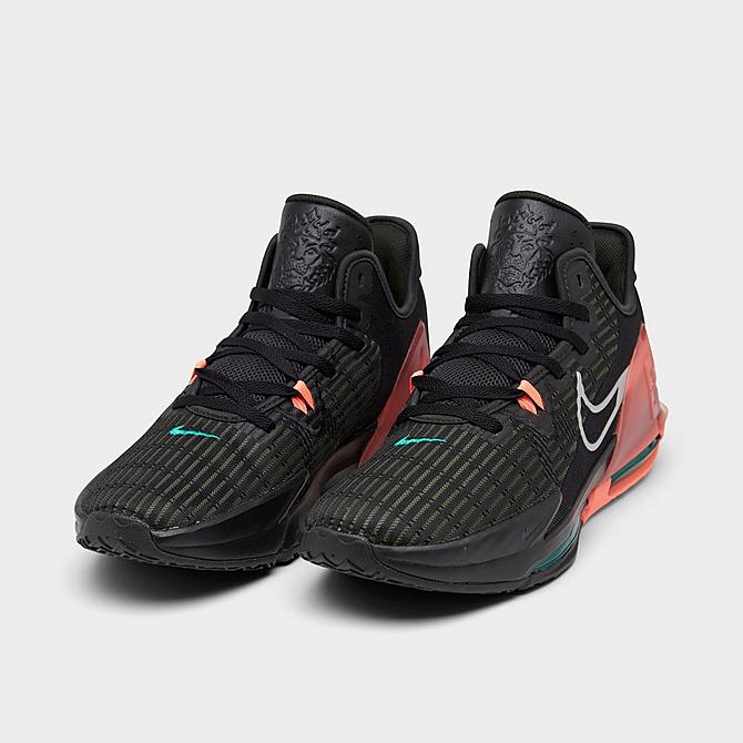 Three Quarter view of Nike LeBron Witness 6 Basketball Shoes in Black/Metallic Silver/Sequoia/Crimson Pulse/Clear Emerald Click to zoom