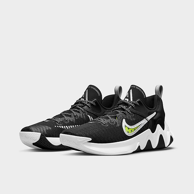 Three Quarter view of Nike Giannis Immortality Basketball Shoes in Black/Clear White/Wolf Grey/Volt Click to zoom