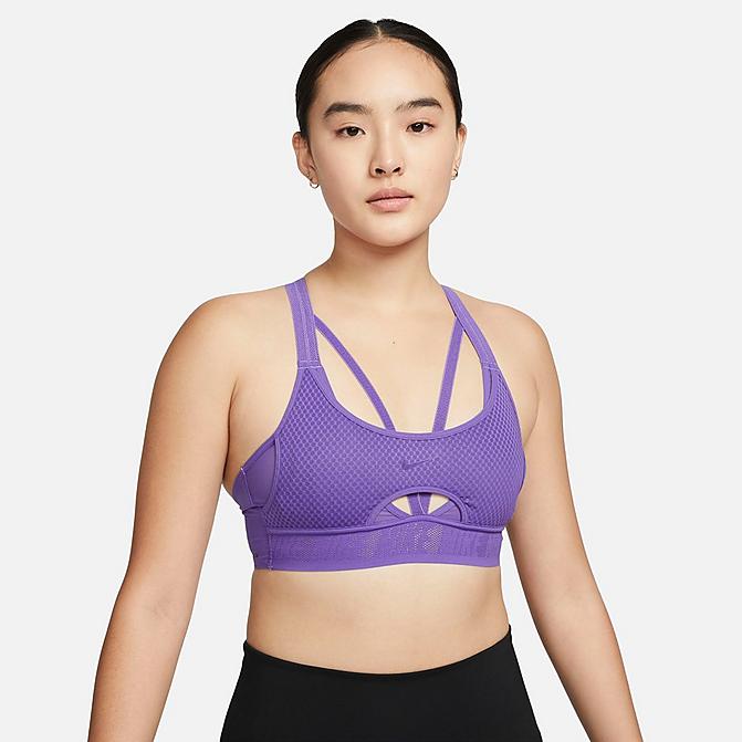 Front view of Women's Nike Dri-FIT Indy UltraBreathe Light-Support Padded Strappy Sports Bra in Dark Iris/Dark Iris/Dark Iris/Court Purple Click to zoom