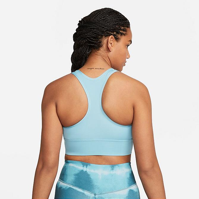 Front Three Quarter view of Women's Nike Dri-FIT Swoosh Medium-Support One-Piece Padded Longline Sports Bra in Worn Blue/Worn Blue/Worn Blue/White Click to zoom