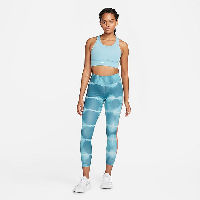 Back Left view of Women's Nike Dri-FIT Swoosh Medium-Support One-Piece Padded Longline Sports Bra in Worn Blue/Worn Blue/Worn Blue/White Click to zoom