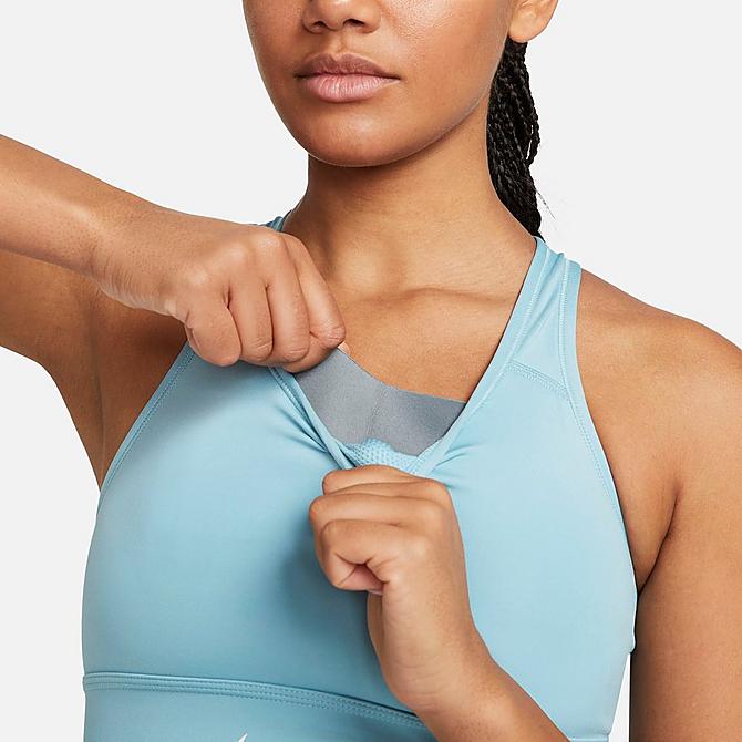 Back Right view of Women's Nike Dri-FIT Swoosh Medium-Support One-Piece Padded Longline Sports Bra in Worn Blue/Worn Blue/Worn Blue/White Click to zoom