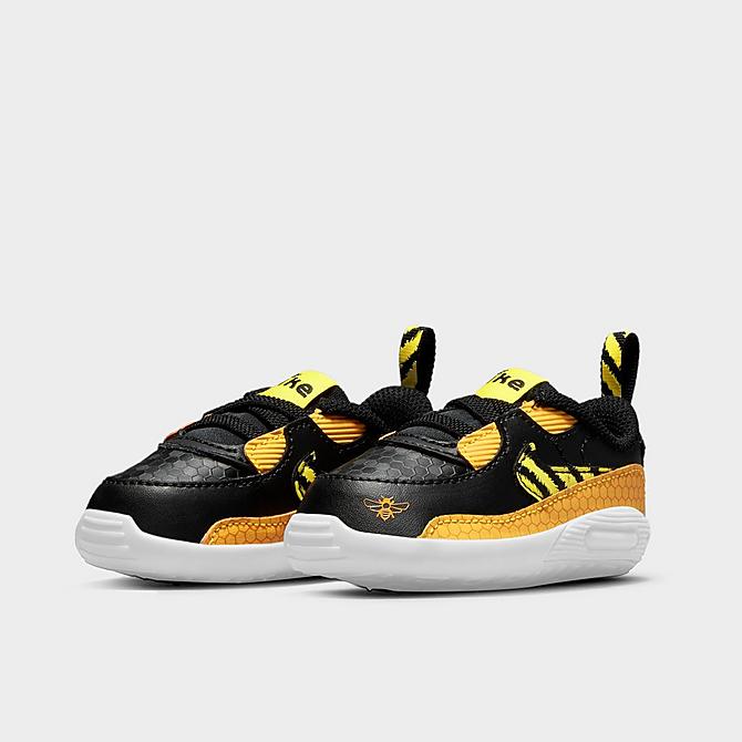 Three Quarter view of Infant Nike Air Max 90 "Bee" SE Casual Crib Shoes in Black/Opti Yellow/University Gold/White Click to zoom