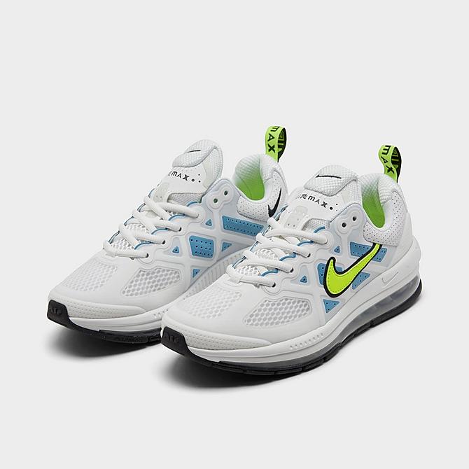 Three Quarter view of Big Kids' Nike Air Max Genome Casual Shoes in Summit White/Volt-Cerulean-Black Click to zoom