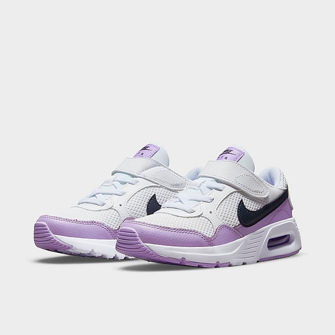 Three Quarter view of Girls' Little Kids' Nike Air Max SC Casual Shoes in White/Off Noir/Lilac Click to zoom